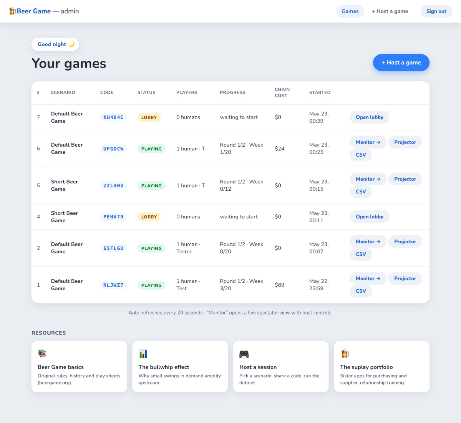 Instructor dashboard with recent games table, status badges, monitor and CSV links