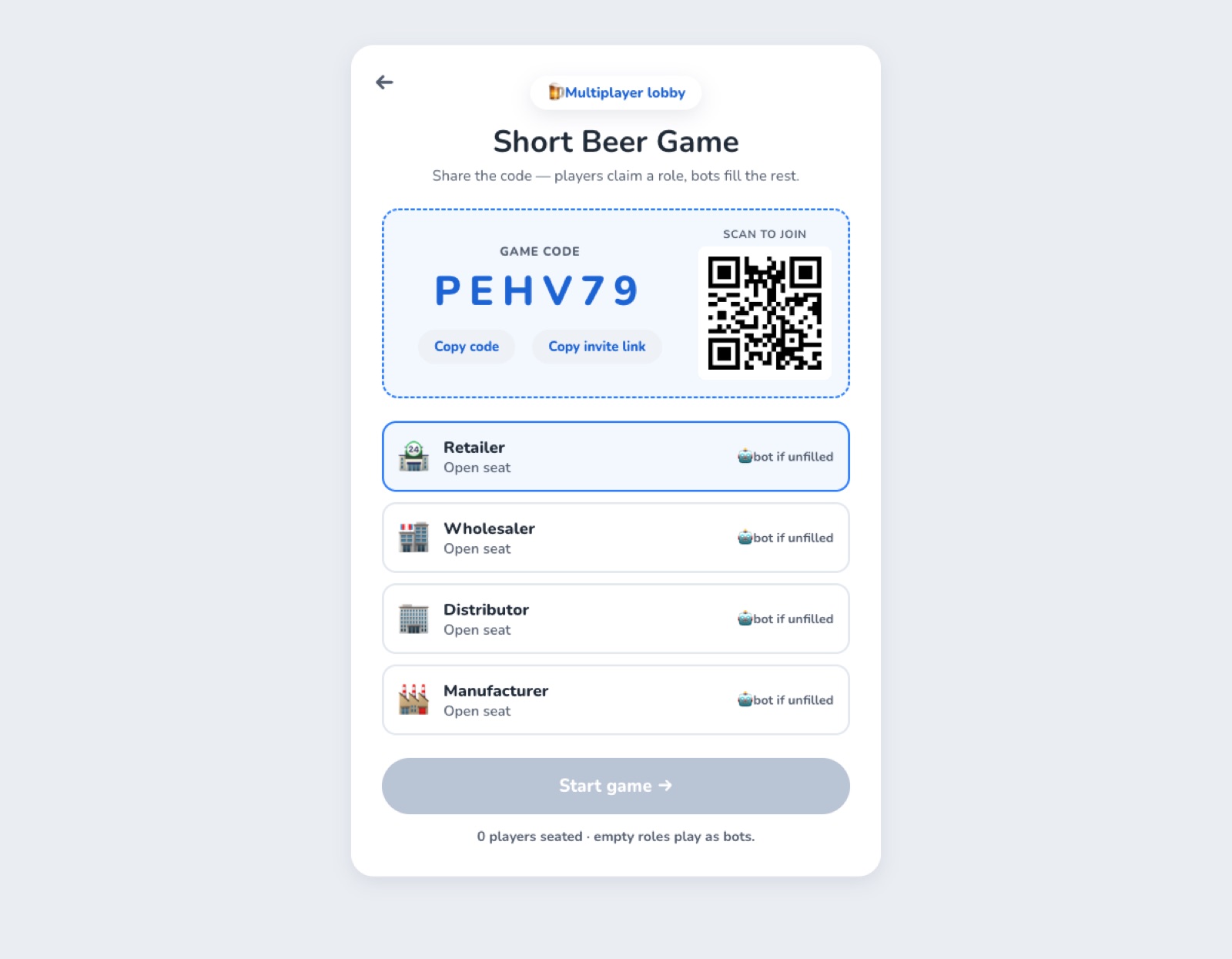 Multiplayer lobby with a 6-character game code, QR code and seat list