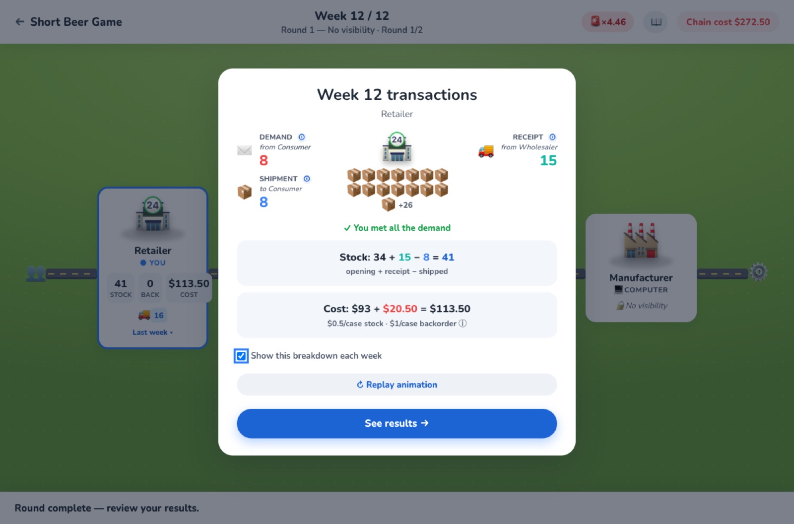 Weekly transactions modal with box-stack stock illustration, colour-coded demand, receipt and shipment numbers, stock and cost formulas